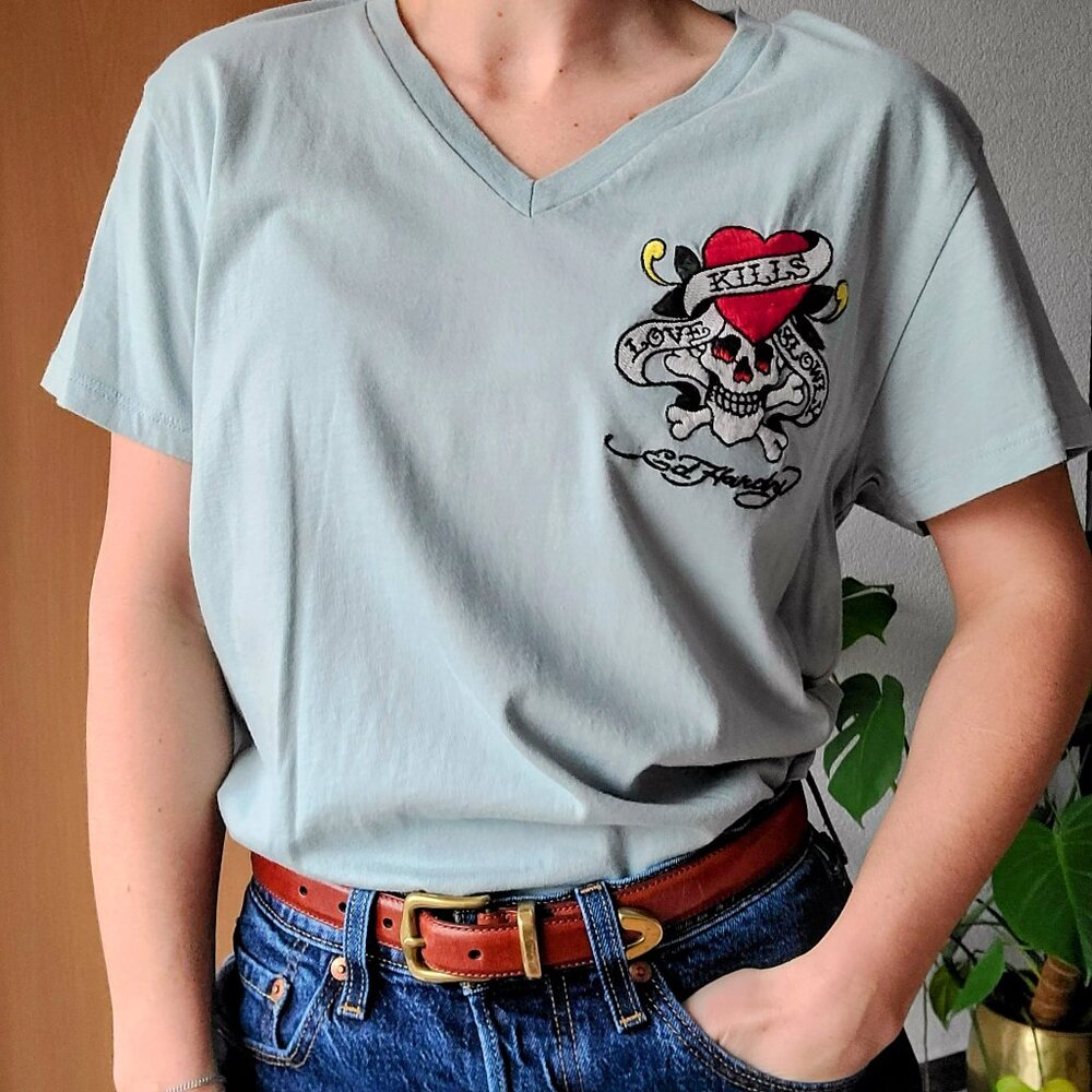 Ed Hardy "Love Kills Slowly" Blue V-Neck Embroidered Tee Small - New with tags